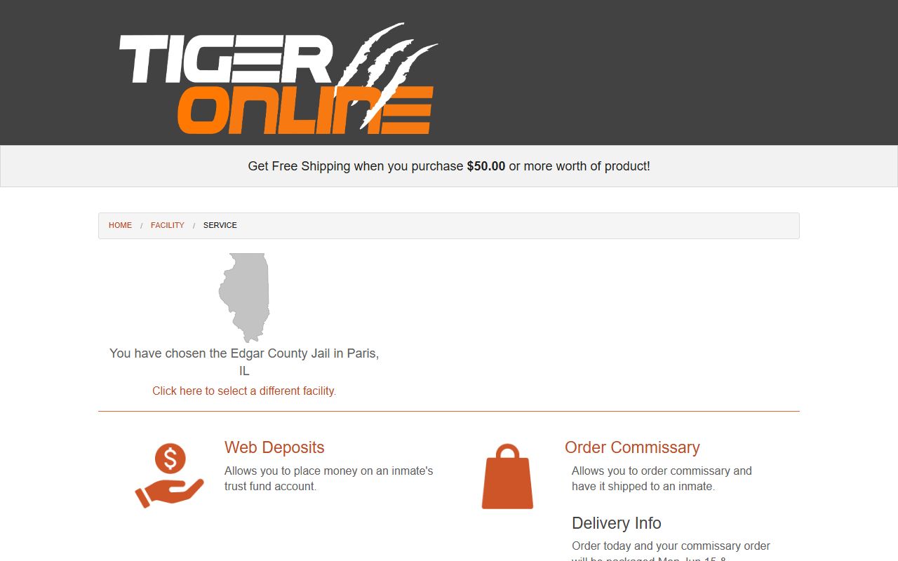 Tiger Commissary Edgar County Jail services screen
